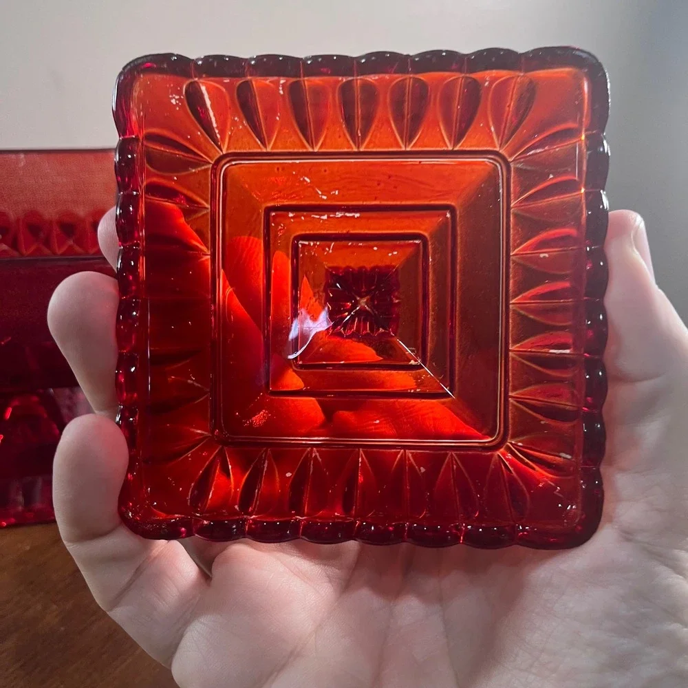 Vtg Jeanette Ruby Red Glass Wedding Cake Box Dish Lidded Footed Pedestal 6.5in